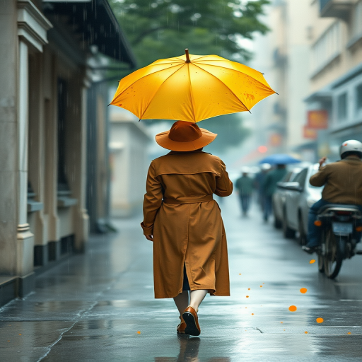 Create an image of a figure in a yellow umbrella walking down a rain-soaked street wearing a long brown trench coat, with muted colors and splashes of orange, in a realistic watercolor style, shot with a DSLR camera at 50mm, f/1.8 aperture, ISO 100, and a shallow depth of field to focus on the figure while softly blurring the background.
