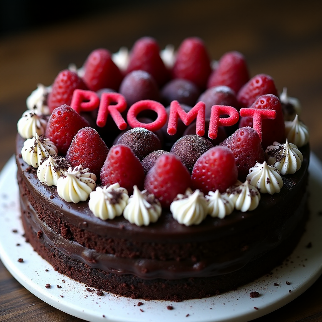 black forest gateau cake, spelling out the words "PROMPT THIS", tasty, food photography, dynamic shot