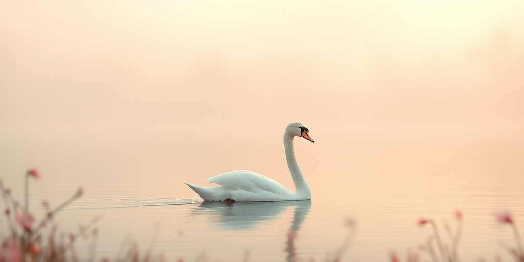 A serene landscape with a graceful swan gliding on a misty lake surrounded by soft pastel colors and delicate flowers, captured with a Canon EOS 5D Mark IV, 50mm lens, f/1.8 aperture, ISO 100, natural soft light, focused on the swan in a dreamy style.