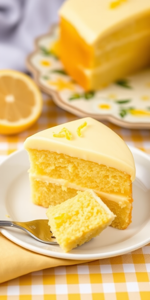 A close-up of a slice of lemon cake on a white plate with a fork next to it the cake has a creamy lemon frosting with a few lemon zest pieces on top the background features a whole lemon and a decorative plate with a soft yellow checkered tablecloth beneath it