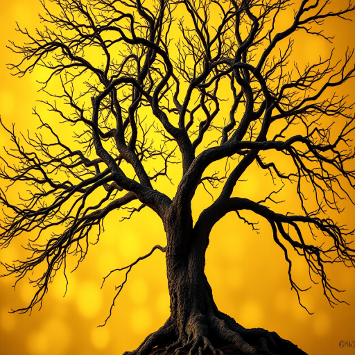Create an artistic representation of a heart-shaped tree with intricate branches and a golden background, using a DSLR camera, aperture f/8, ISO 100, 50mm lens, in macro view with soft lighting to enhance the details and texture.