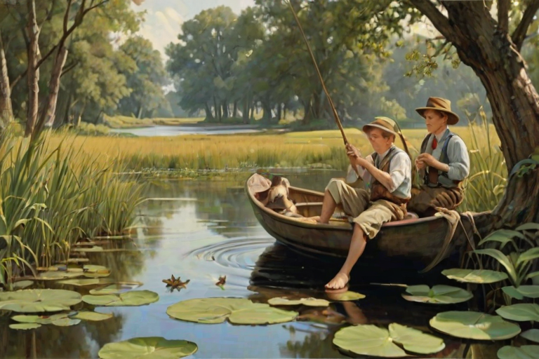 Imagine a small group of old fashioned young boys out fishing by the creek, a swing hanging from a tree branch, reeds and grasses by the water's edge, a frog sitting on a lily pad, dragonflies hovering over som water plans, a very iconic old fashioned scene reminiscent of a Norman Rockwell painting style