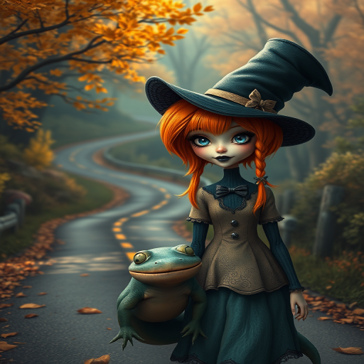 digital art fantasy depicting a strange girl with orange hair, long eyelashes, black lipstick and a tall hat walking along a winding road on an autumn afternoon, an Axolotl smiles as she passes