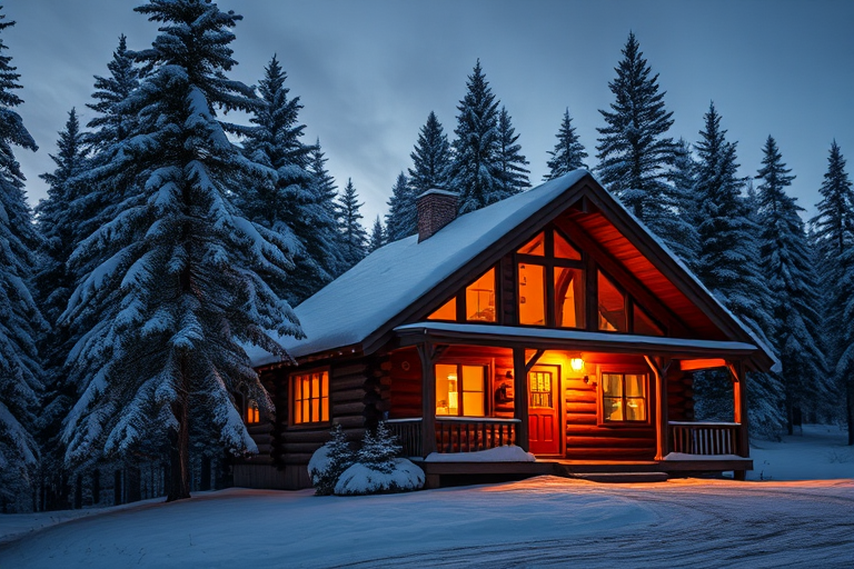 Warmly lit photo of a rustic cabin nestled in a snowy forest at twilight, soft light glowing from the windows, with snow-covered pine trees creating a peaceful, serene backdrop.