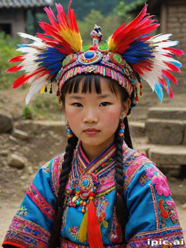 A beautiful Miao girl, wearing colorful bird clothing with vibrant colors