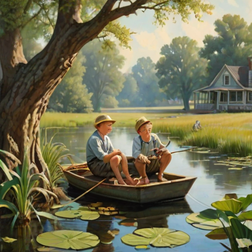Imagine a small group of old fashioned young boys out fishing by the creek, a swing hanging from a tree branch, reeds and grasses by the water's edge, a frog sitting on a lily pad, dragonflies hovering over som water plans, a very iconic old fashioned scene reminiscent of a Norman Rockwell painting style