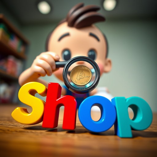 Create an image of a cartoon character holding a magnifying glass over a coin, with the word "shop" in bold, colorful 3D letters (red, blue, green, yellow) in the foreground, captured from a low angle view using a DSLR camera, f/2.8 aperture, 50mm lens, ISO 100 for sharp detail and vibrant colors.