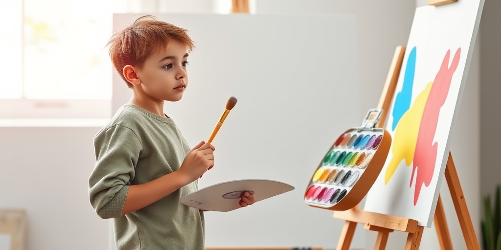 Create an image of a young artist standing in front of a blank canvas, holding a paintbrush in one hand and a palette with colors in the other, vibrant colors, soft focus, 50mm lens, f/2.8 aperture, natural light, shot from a slight low angle to capture the easel and figure prominently.