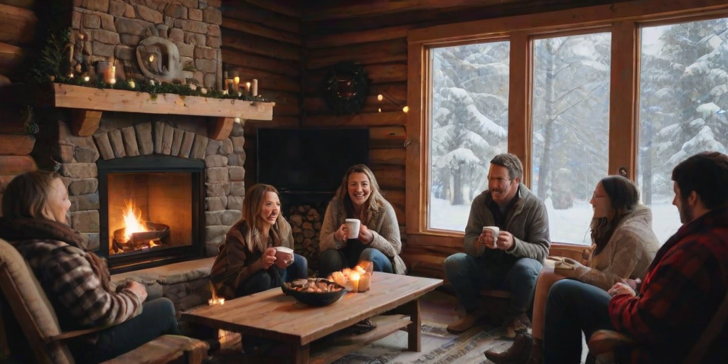 Cozy winter scene, with a group of friends gathered around a fireplace, hot cocoa in hand, sharing stories and laughter as snow falls softly outside.