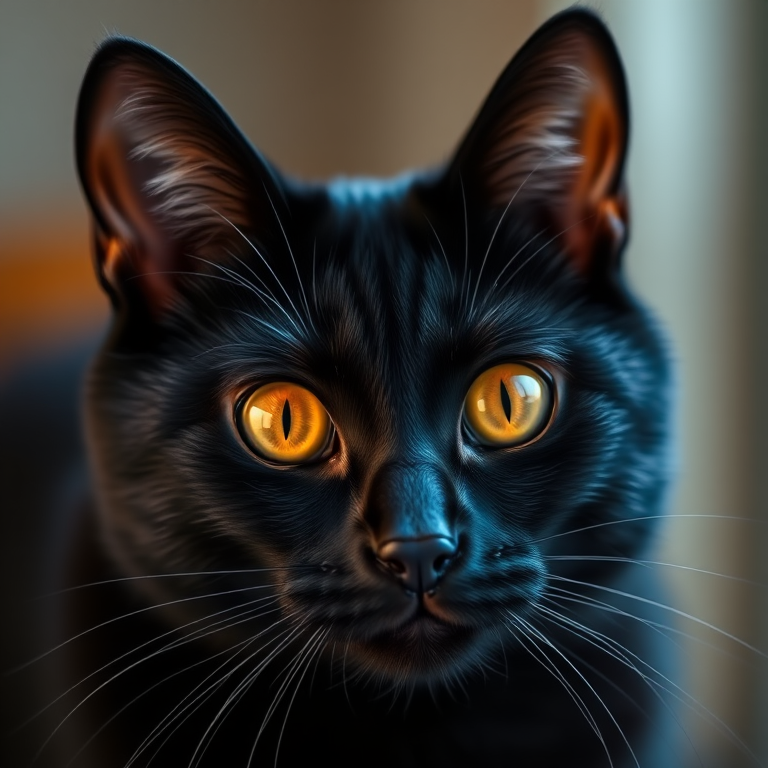 Create a high-resolution digital illustration of a black cat's face with vivid orange eyes, using a 50mm lens, aperture set to f/1.8, soft lighting, and a slight bokeh effect in the background.