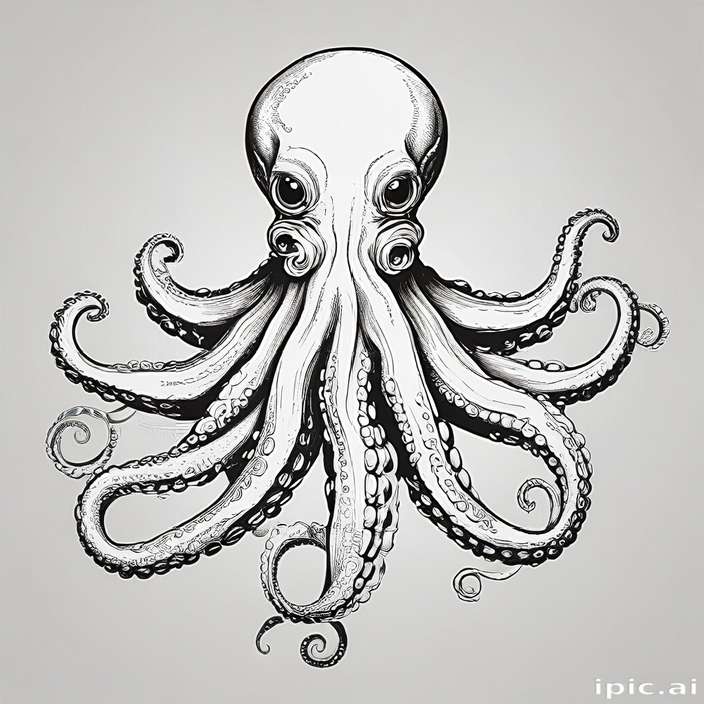 Intricate Black and White Illustration of a Majestic Octopus with ...