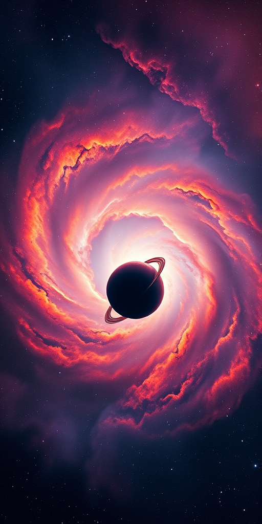 Generate a vibrant cosmic scene featuring a swirling nebula with a central planet, high-definition resolution, captured with a Canon EOS R5, 24mm lens, f/2.8 aperture, ISO 100, and a long exposure setting to enhance light trails and colors.