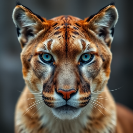 Generate a hyper-realistic portrait of a mountain lion with striking blue eyes, frontal view, sharp focus, shallow depth of field, 50mm lens, f/1.8 aperture, ISO 100, natural diffused lighting.