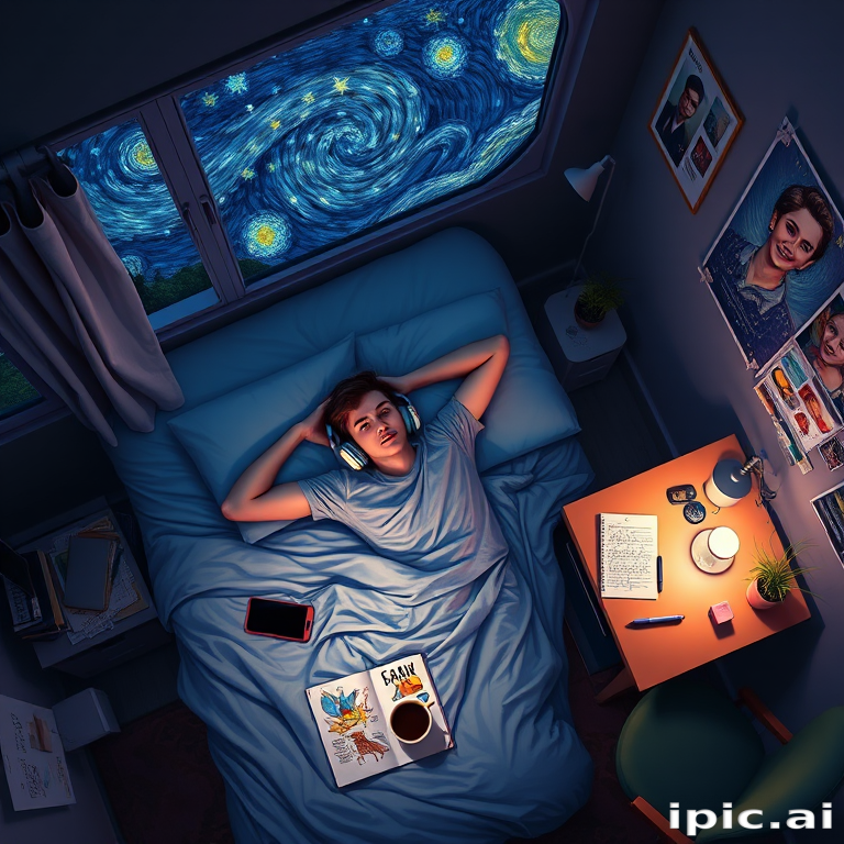 A top-down Van Gogh-style painting of a young man lying on his bed, listening to music with headphones. The room is softly lit with deep blues and purples, creating a peaceful nighttime atmosphere. The bed has a soft pillow, and the man's arms are resting behind his head. Around the bed, various glowing gadgets such as a smartphone, a laptop, and a small lamp are visible, casting a gentle light. The rest of the bedroom includes a desk with books, a chair, and a small rug on the floor. A window near the bed reveals a starry night sky with swirling stars, reminiscent of Van Gogh's 'Starry Night.' On the desk, there is a sketchbook with colorful drawings, a cup of coffee steaming gently, and a small potted plant. The walls have posters of famous paintings and a corkboard with pinned notes and photos. The scene is full of dynamic, swirling brushstrokes, capturing the essence of Van Gogh's unique style. The overall mood is serene and contemplative, with a touch of artistic inspiration.