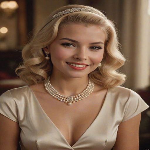 A beautiful Inca woman reminiscent of 1950s Hollywood glamour, with perfectly styled blonde hair and a seductive smile, dressed in a satin blouse and adorned with pearls, soft and warm tones, photorealistic, 8K