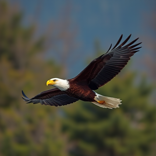 Create a high-resolution image of a bald eagle in mid-flight with wings fully spread, using a Canon EOS 5D Mark IV camera, 300mm lens, aperture f/4, shutter speed 1/1000s, and ISO 400, capturing a dynamic angle from slightly below the eagle with a blurred natural background for enhanced focus on the bird.