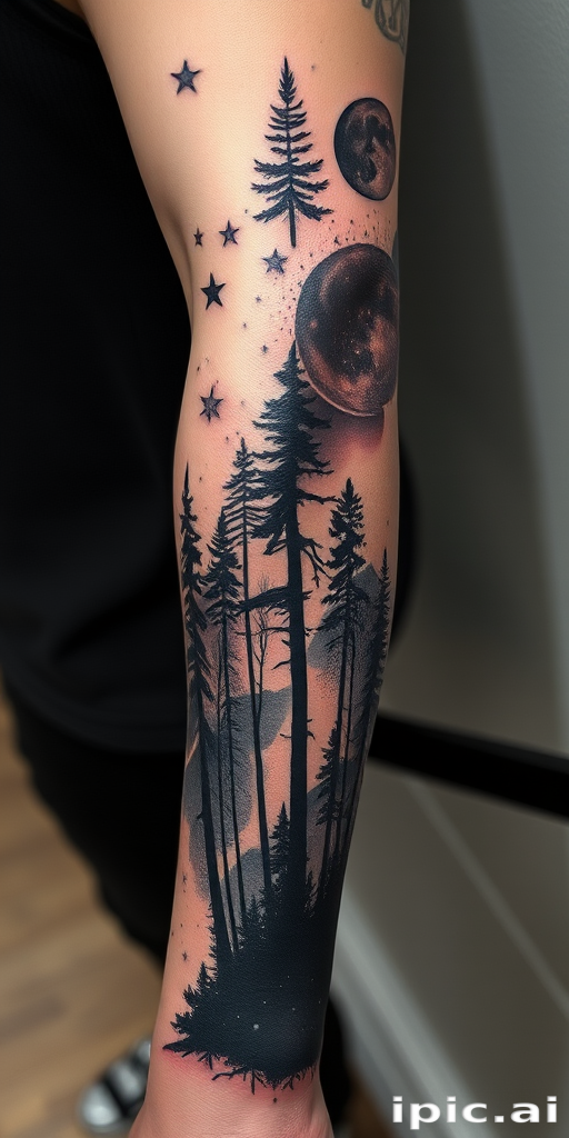Ethereal negative space tattoo covering the entire arm, revealing a cosmic scene within the silhouette of a forest, utilizing clever use of empty space and black ink to create a captivating contrast