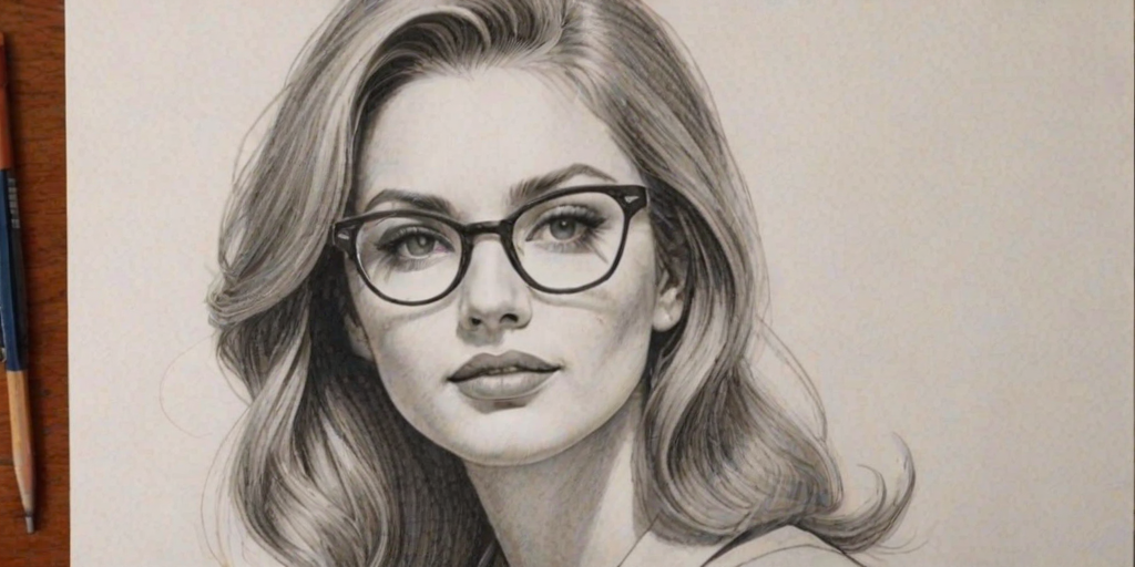 Resplendent Maddie Baillio, pencil sketch, portrait of Enchanting woman 1961s in glasses, hair style beatnik, outline, clear lines, fine lines, 8k