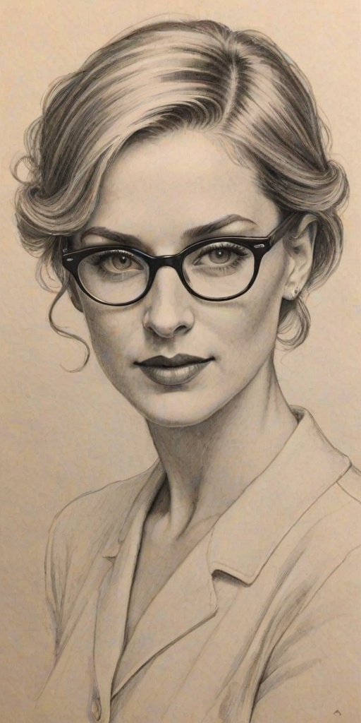 Fascinating Sophie Wessex, pencil sketch, portrait of Magnificent woman 1924s in glasses, hair style beatnik, outline, clear lines, fine lines, 8k