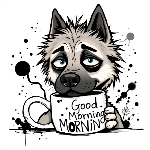 A quirky, artistic illustration of a disheveled akita pit dog breed with exaggerated, large eyes and spiky fur, holding a coffee mug that reads "Good Morning". The dog has a tired but humorous expression, with ink splatters and abstract details surrounding it, giving a whimsical feel to the image. The color palette is mostly monochrome with hints of blue in the eyes and steam rising from the mug, enhancing the overall sleepy vibe