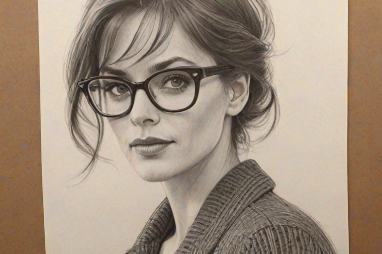 Splendid Stephanie Szostak, pencil sketch, portrait of Dazzling woman 1952s in glasses, hair style beatnik, outline, clear lines, fine lines, 8k