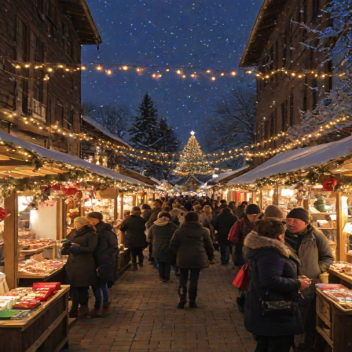 Festive holiday market, bustling with shoppers browsing handcrafted ornaments and gifts, twinkling lights adorning the stalls, and the scent of hot cocoa wafting through the air, with cheerful music playing in the background.