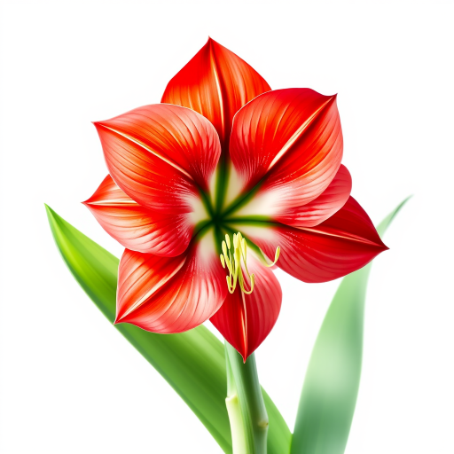Generate a vibrant, high-resolution artistic illustration of a red amaryllis flower with green leaves on a white background, using a DSLR camera with a 50mm lens, f/2.8 aperture, 1/200 sec shutter speed, and a soft focus effect for a dreamy aesthetic.