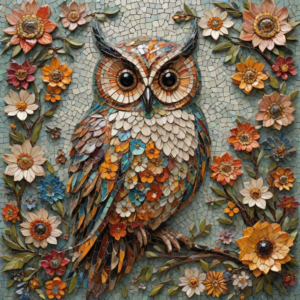 A mosaic of floral owls, one owl intricately composed of individual flower blossoms. The design showcases a delicate balance of nature and form, where the feathers of the owls are replaced by vibrant petals and blooms. The overall appearance is whimsical yet detailed, with each floral element contributing to the intricate patterns of the owl’s body. The artwork embraces a raw, organic style, with natural hues and soft textures, creating a harmonious blend of flora and fauna. The mosaic arrangement adds depth and visual intrigue to the piece, evoking a sense of wonder and artistic beauty.