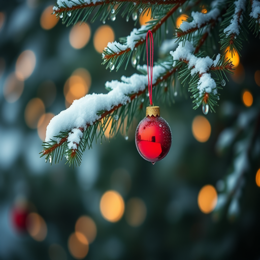 Create an image of a snow-covered evergreen tree branch with a single red ornament hanging from it. The background should feature soft, warm bokeh lights to evoke a festive atmosphere. Make sure the focus is on the ornament and the delicate snow on the branches.