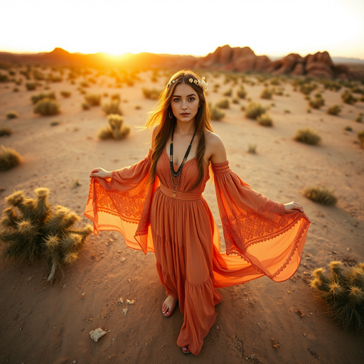 Desert setting, bohemian model, flowy dresses, earthy tones, rustic sunset effect,  equipped with a 12mm lens to capture an overhead view of the model, emphasizing symmetry and spatial positioning