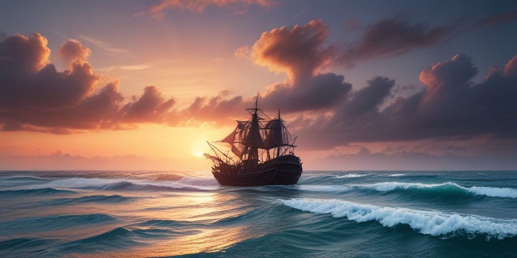 Majestic Old Ship Sailing into a Vibrant Sunset Over the Ocean