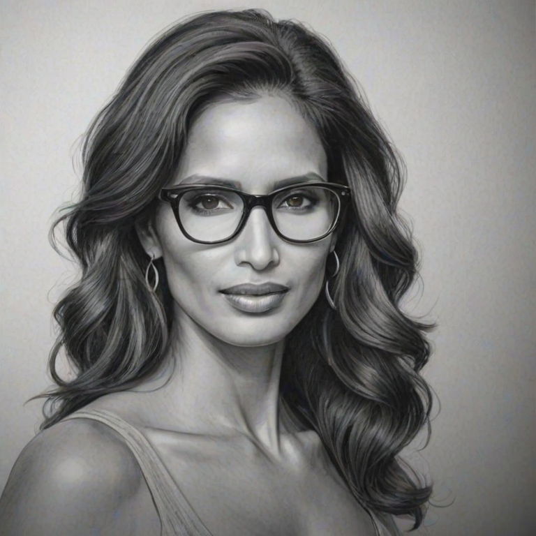 Elegant Padma Lakshmi, pencil sketch, portrait of Charming woman 1938s in glasses, hair style beatnik, outline, clear lines, fine lines, 8k