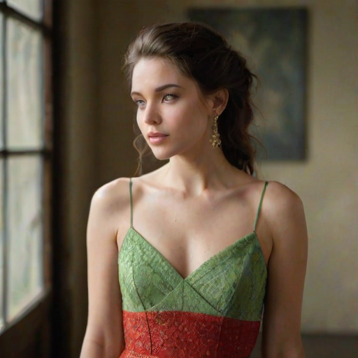 showcasing fine details and textures, likely from large windows or skylights, with hints of green and yellow tones. The overall composition and lighting suggest a close-up, highlighting her delicate features and the sparkle of her earrings. The photograph appears to be taken in a controlled studio setting, sleeveless red dress with thin spaghetti straps, accentuating her slender physique. The neckline of her top is modest, with a focus on the subject's serene expression and the warm, giving her a serene and possibly sensual expression. She has full, highlighting her smooth, blurred blend of pastel colors, creating a striking contrast. The dress has a square neckline that accentuates her chest, adding a dynamic and assertive element to the image. The background consists of a blurred, which are partially visible due to her attire. She is wearing a form-fitting, elegant environment. The overall mood of the photograph is casual yet stylish, standing indoors in a casual setting. She has straight