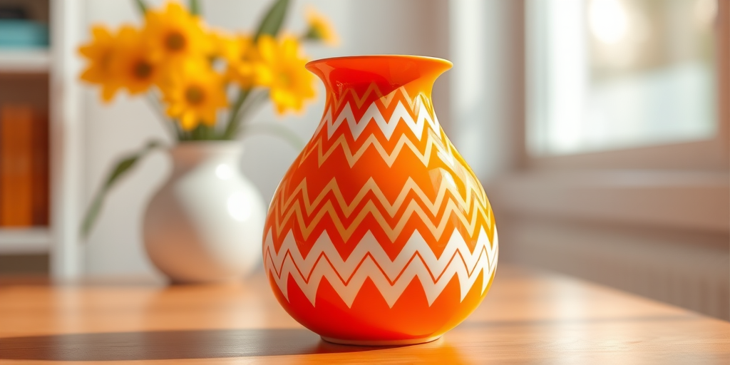Create a vibrant digital illustration of an orange vase with a geometric zigzag pattern, using a shallow depth of field, ISO 100, f/2.8 aperture, 50mm lens, and soft natural lighting to enhance the color saturation and contrast.