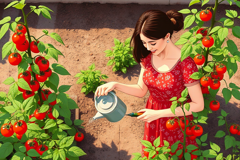 Create an illustration of a woman watering tomato plants in a garden, bright colors, vibrant and cheerful style, digital art, 50mm lens, f/2.8 aperture, 1/200 second shutter speed, soft natural lighting, top-down view.