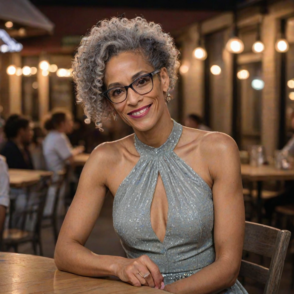 photo of woman:Carla Hall:0.4, highlight hair, sitting outside restaurant, wearing dress, rim lighting, studio lighting, looking at the camera, dslr, ultra quality, sharp focus, tack sharp, dof, film grain, Fujifilm XT3, crystal clear, 8K UHD, highly detailed glossy eyes, high detailed skin, skin pores