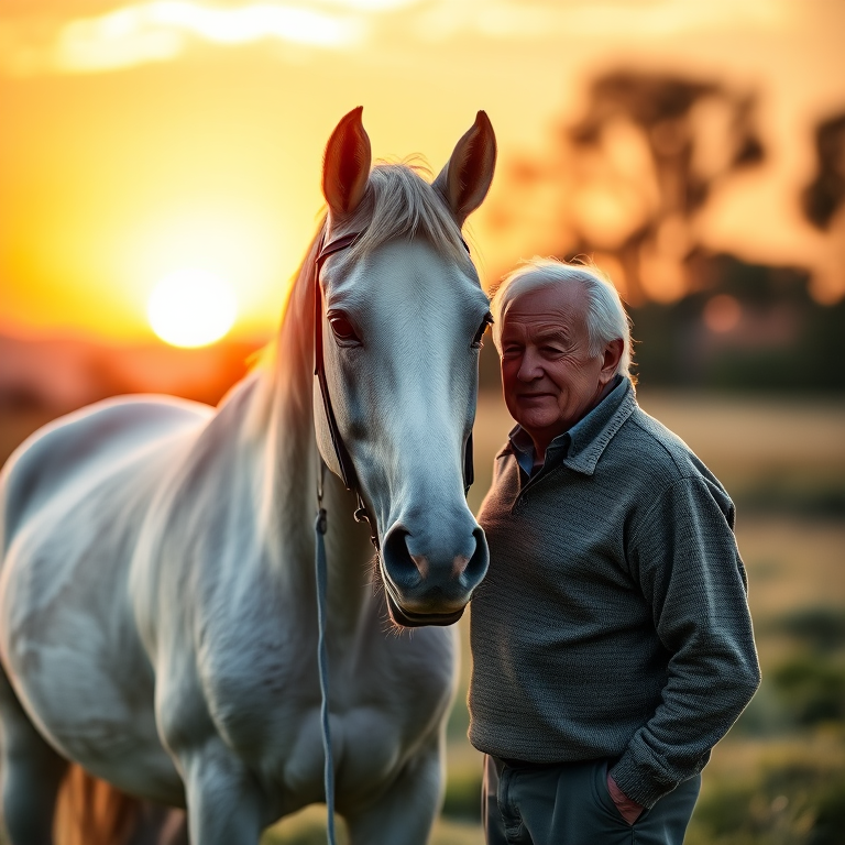 Create an image of an elderly man standing next to a large white horse during sunset in a serene landscape, soft focus, ISO 100, f/2.8, 50mm lens, shallow depth of field, use a DSLR camera for enhanced detail and vibrant colors.
