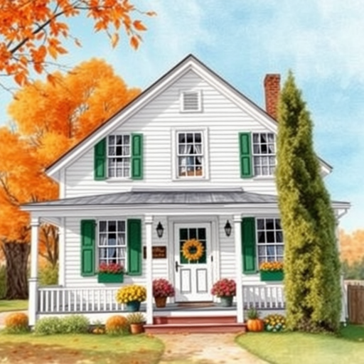 a white farmhouse with green shutters, vintage feel, blue sky, trees in autumn color, leaves slightly blowing in the breeze, colorful autumn flowers in pots on the front porch of the farmhouse, watercolor