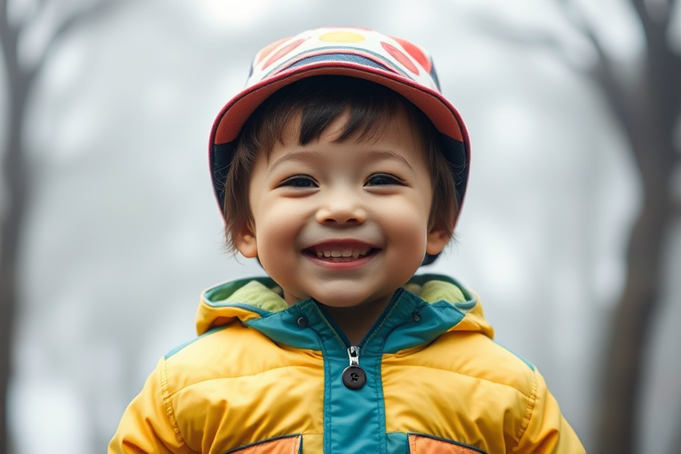 portrait of a joyful child wearing a colorful jacket and hat, smiling against a soft blurred background of trees in misty weather, DSLR camera, 50mm lens, aperture f/1.8, ISO 200, shutter speed 1/200s