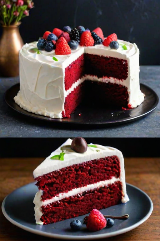 Create an image of a beautifully decorated red velvet cake on a black plate. The cake should have a thick layer of white whipped cream on top, garnished with fresh berries and chocolate shavings. A slice of the cake should be served on the side, showcasing its rich texture and vibrant color. The background should be minimalistic and elegant to highlight the cake.
