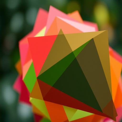 Create a vibrant abstract design featuring overlapping triangles in shades of green, pink, red, and orange, captured with a Canon EOS R5 at f/8, ISO 100, and a shutter speed of 1/125s, utilizing a shallow depth of field to enhance the focus and clarity of the colors while adding a soft bokeh effect in the background.