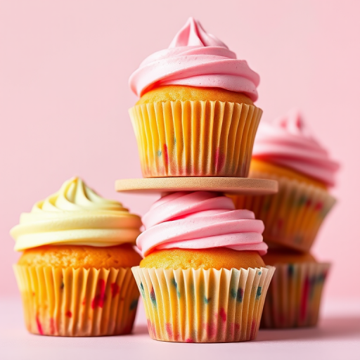 A stack of colorful cupcakes with pink frosting on top, set against a soft pastel background, captured in a shallow depth of field using a DSLR camera at f/2.8, ISO 100, 50mm lens, natural light, and a bright, airy style.