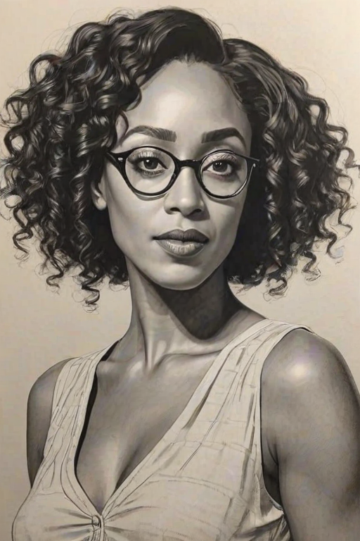 Ravishing Simone Missick, pencil sketch, portrait of Sublime woman 1922s in glasses, hair style beatnik, outline, clear lines, fine lines, 8k