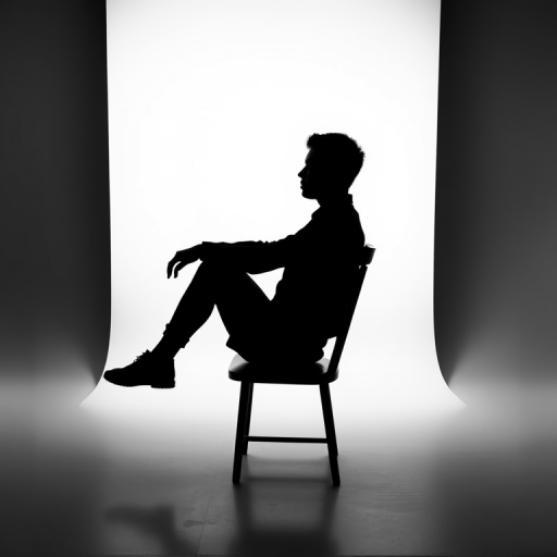 Generate a high-resolution image of a black silhouette of a seated person against a white background, captured with a Canon EOS R5 at f/8, ISO 100, 1/200s, using a flat lay view and softbox lighting for enhanced clarity and contrast.