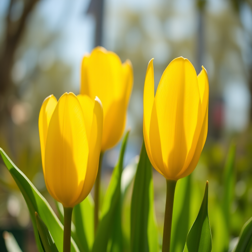 Photograph three yellow tulips with lush green leaves in bright sunlight, shot with a Canon EOS R5 at f/2.8, ISO 100, 1/200 sec, with a shallow depth of field to create a bokeh effect, using a macro lens from a low angle for a vibrant and detailed perspective.