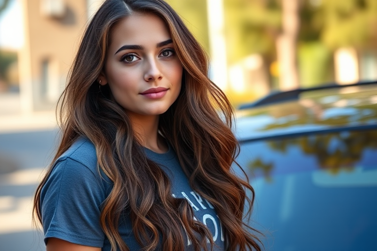 Portrait of a young woman with long wavy hair standing beside a car in a vibrant outdoor setting, natural light, shallow depth of field, 50mm lens, f/2.8 aperture, ISO 100, shot from eye level, using a DSLR camera.