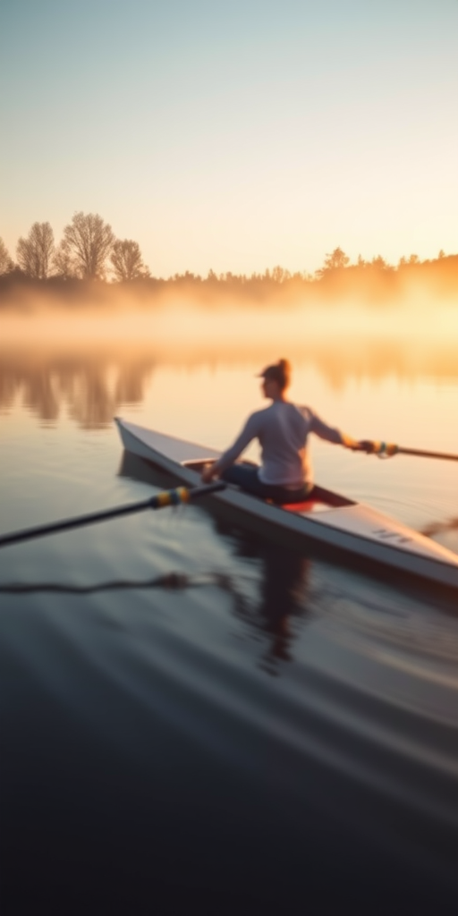 Blurry action shot of a rower slicing through calm water at dawn, soft morning mist rising from the lake, with distant trees reflected in the still surface and soft light from the rising sun illuminating the scene.