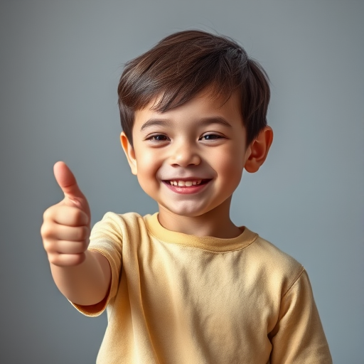 Generate an image of a cheerful young boy giving a thumbs up, with a soft gray background, captured with a Canon EOS R5, 50mm lens, f/1.8 aperture, ISO 100, 1/200 sec shutter speed, natural lighting for an enhanced quality and vibrant colors.