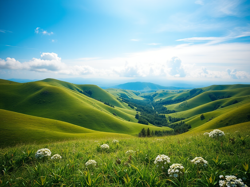 High-resolution image of a tranquil landscape with lush green hills, a clear blue sky, and soft clouds, captured with a Canon EOS 5D Mark IV at f/8, 1/125s, ISO 100, using a wide-angle lens from a low angle view to emphasize foreground detail and depth.