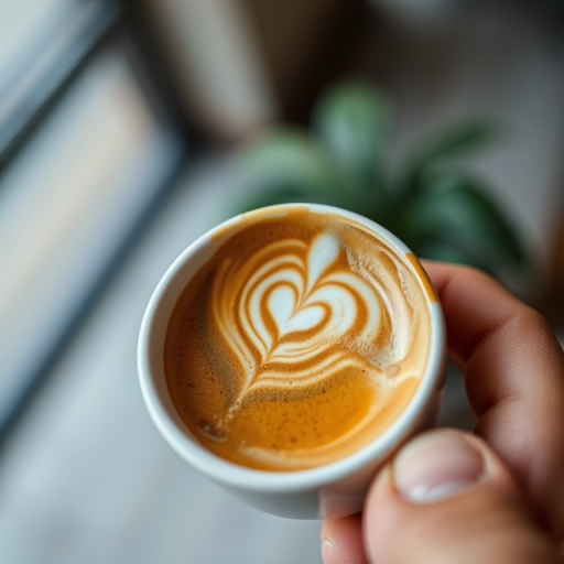 A close-up shot of a cup of coffee with intricate latte art spilling over the edge, shallow depth of field, f/2.8 aperture, ISO 100, 50mm lens, natural lighting, shot with a DSLR camera, focus on the texture of the coffee and the hand holding the cup.